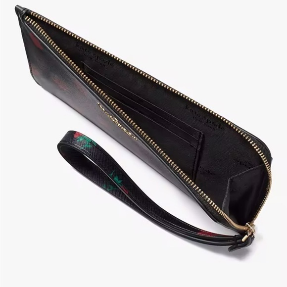 Kate Spade Rose Floral Print Lucy Medium L-Zip Black PVC Wristlet One Size NWT - Picture 2 of 16